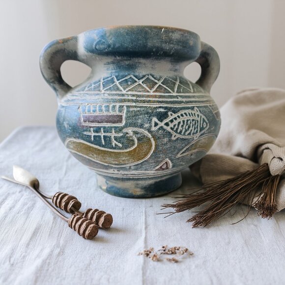 Mediterranean Boats & Fish Motif Pottery Jar: Greek Style Double Handle Vase - Picture 3 of 13